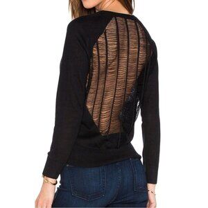 IRO Women's Black XL Amber Silk Wool Frayed Back Contrast Long Sleeve Sweater